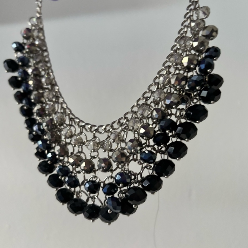 Ali Khan New York Navy Blue Silver Statement Necklace Beaded Dangle Layered